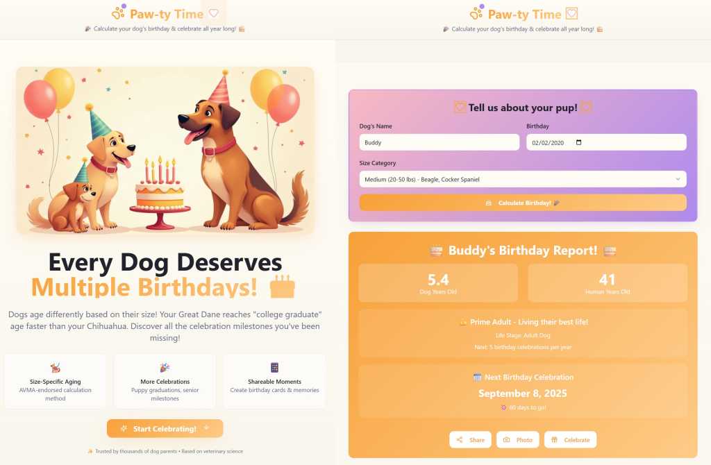 home screen and entry interface in paw-ty time app coded by lovable