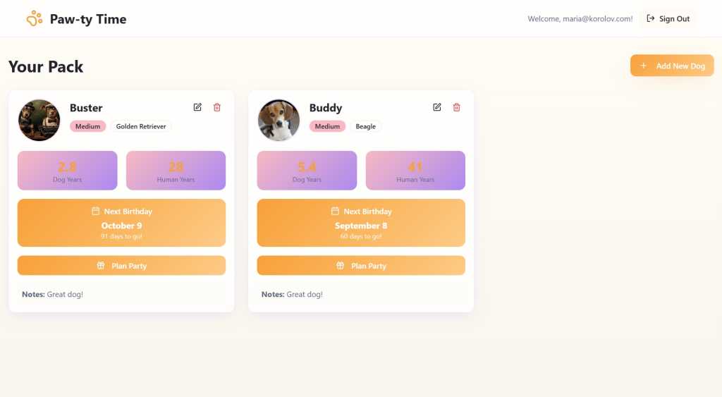 your pack page in paw-ty time app with info for 2 dogs