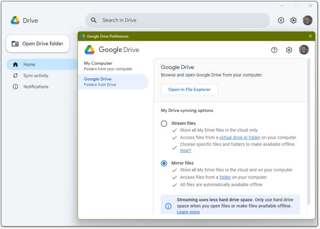 google drive desktop app showing syncing options with windows file explorer