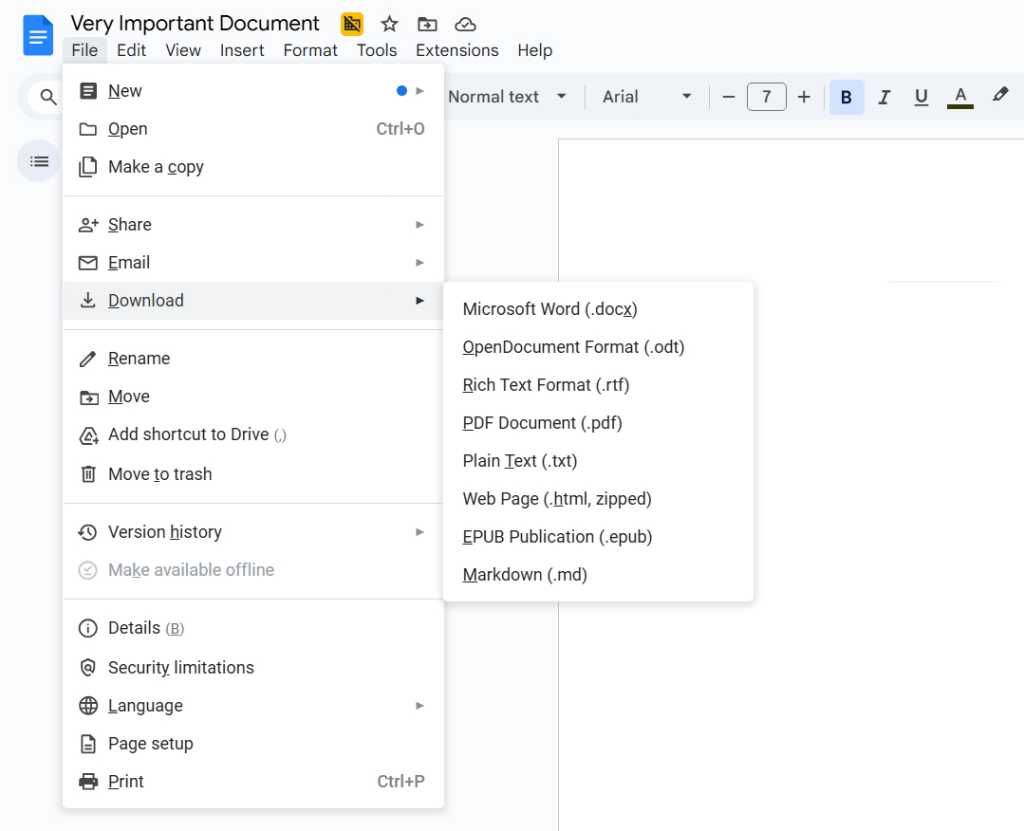 download menu in docs with various file format options