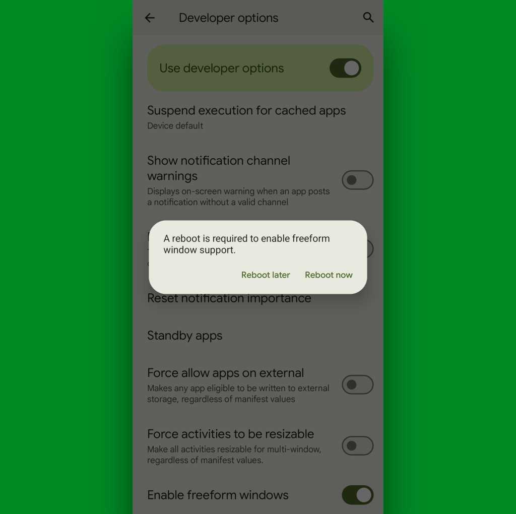 Android multitasking — freeform window (developer settings)