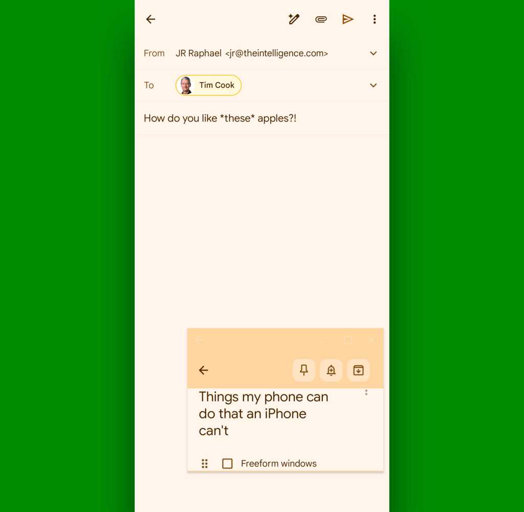 Android multitasking — freeform window (Gmail, Google Keep)