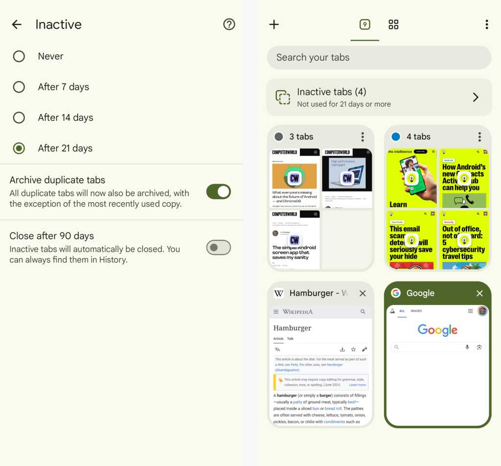 chrome for android inactive tabs settings screen