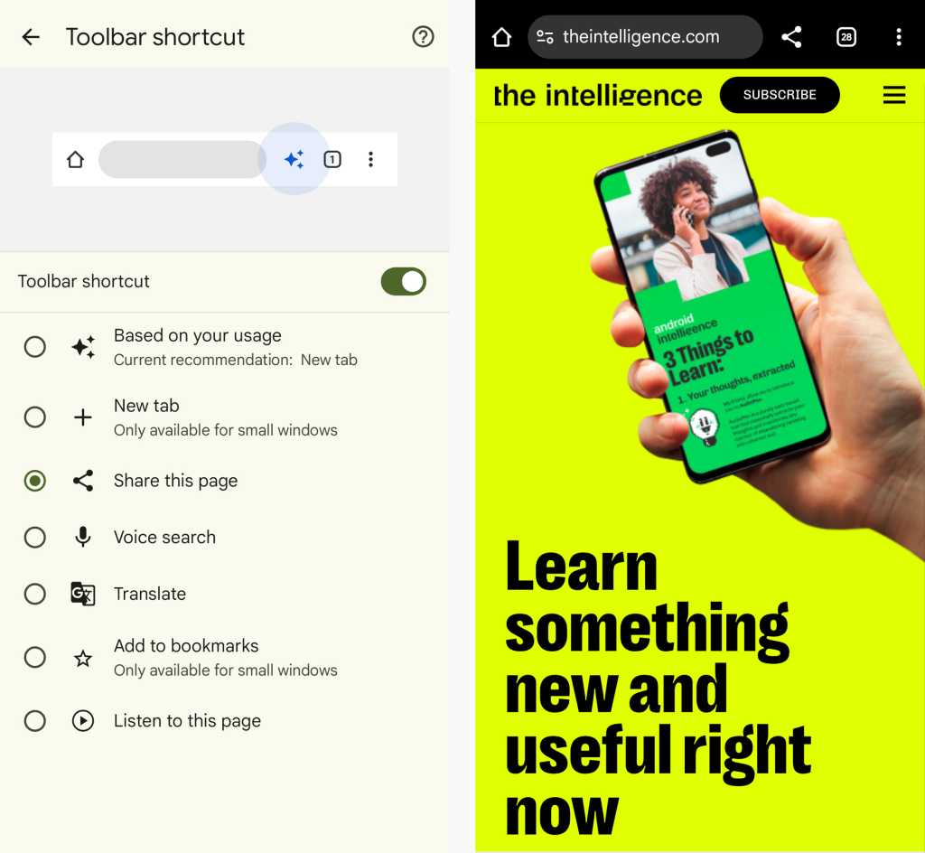 chrome for android toolbar shortcut settings on left and chrome page with sharing shortcut in toolbar on right