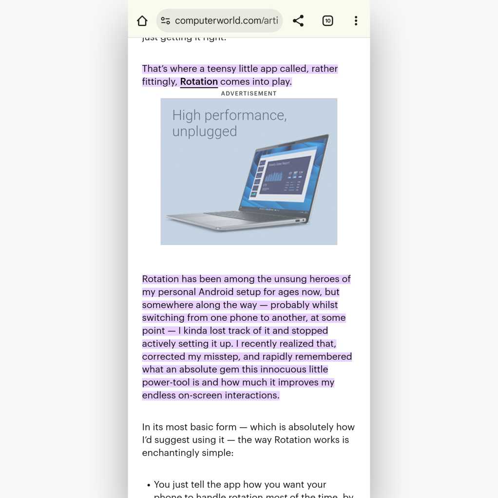 chrome for android screen with web page text highlighted in purple