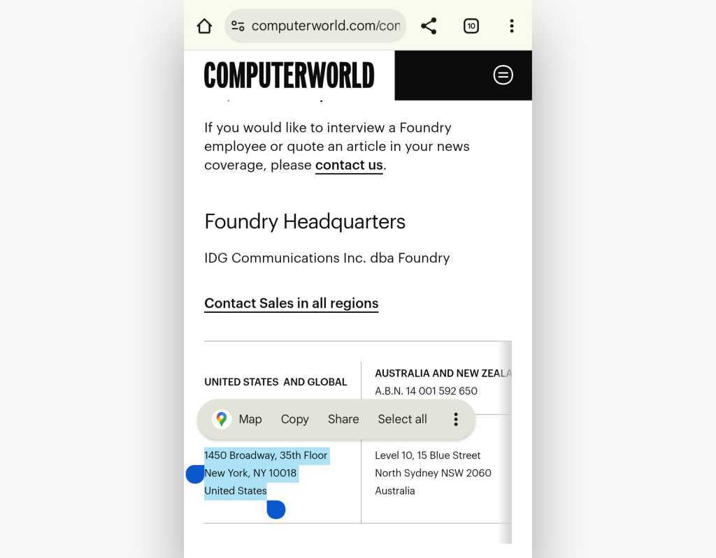 web page in chrome for android with text selected and map copy share options