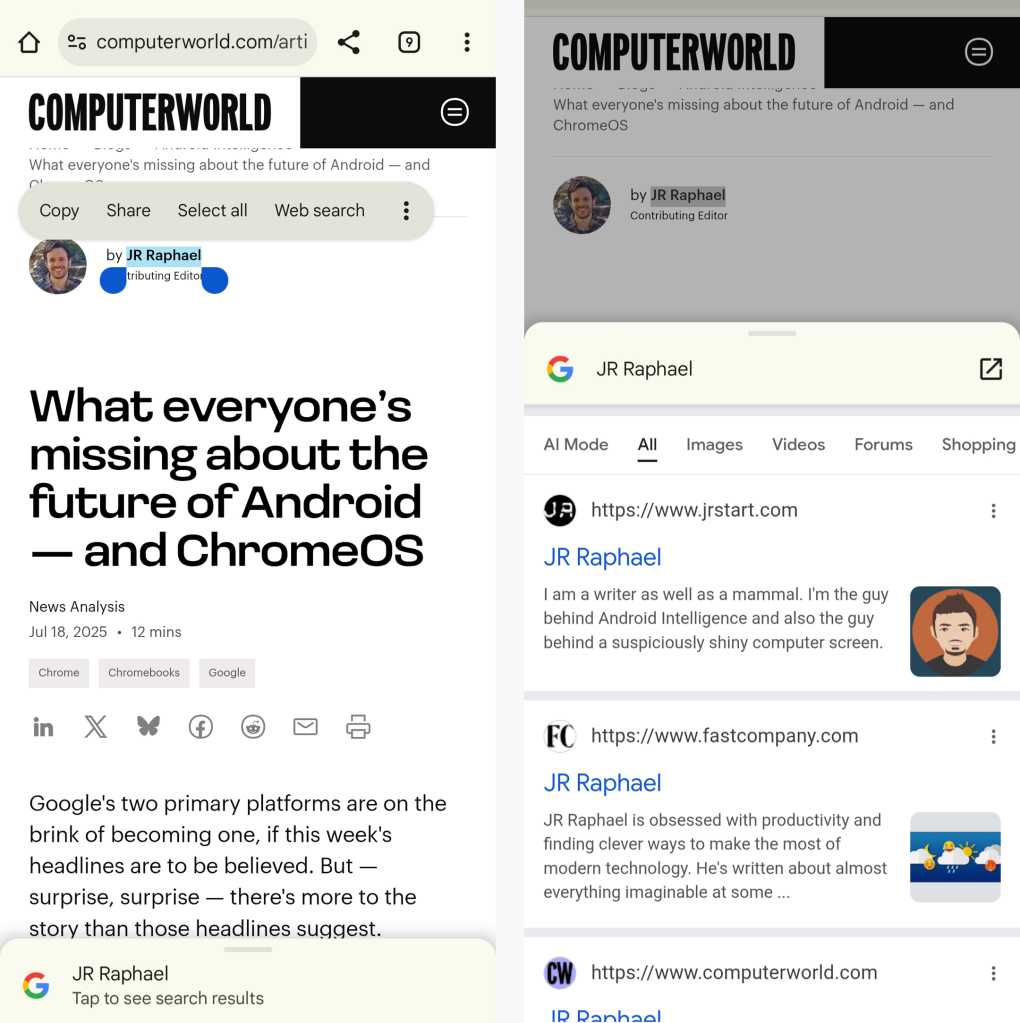 quick search results in chrome for android