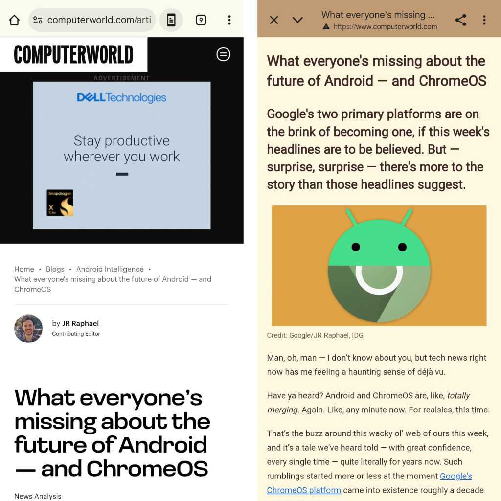 web page with ads on left and simplified view on right in chrome for android