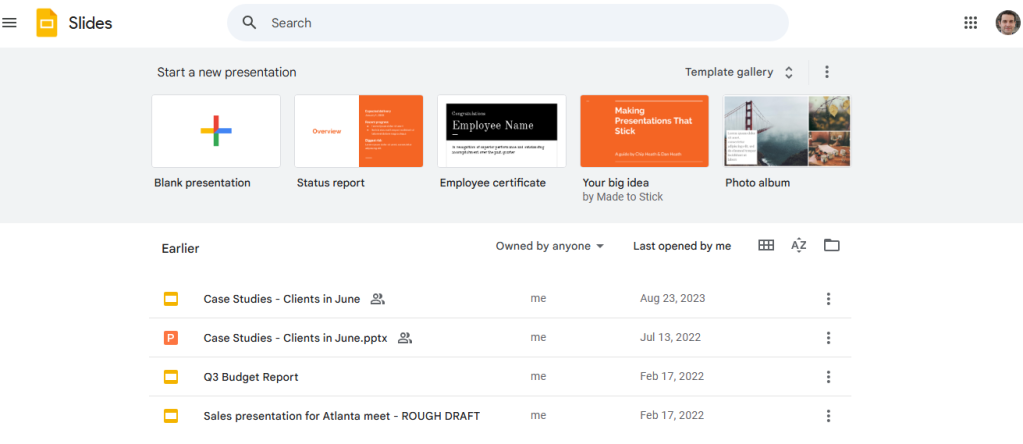 google slides home page with templates across top and files list below