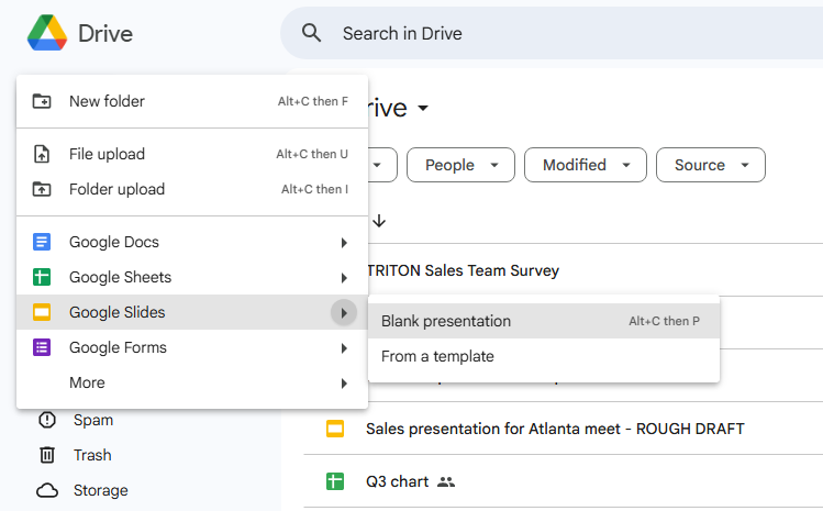 new /> google slides menu in google drive