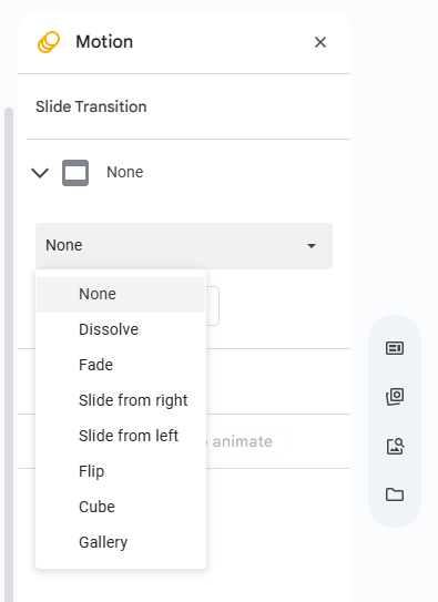 motion pane in google slides showing transition options