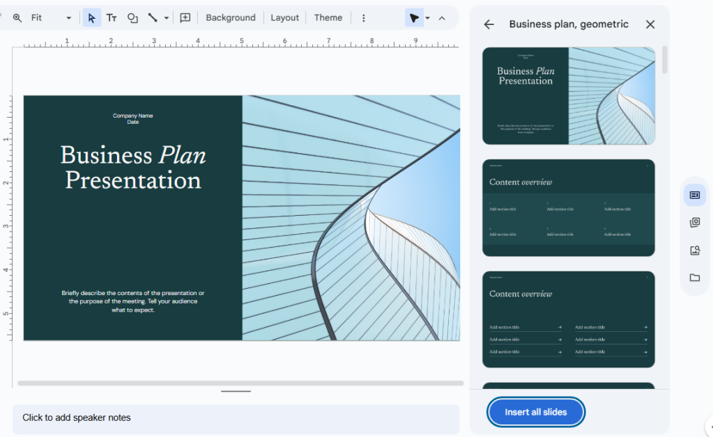 google slides templates sidebar on right with template slide in main window