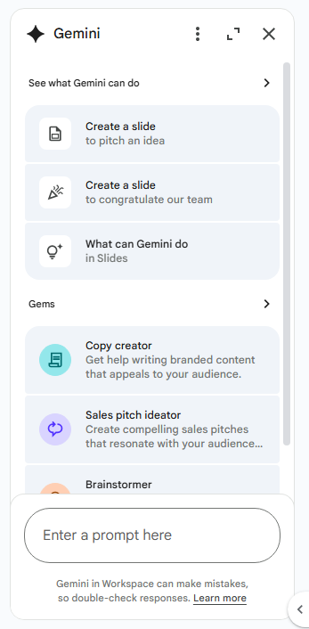 gemini sidebar in slides showing suggested prompts