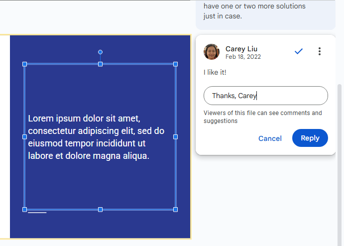 typing into comment reply box in google slides