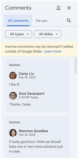 comments pane in google slides showing several comments