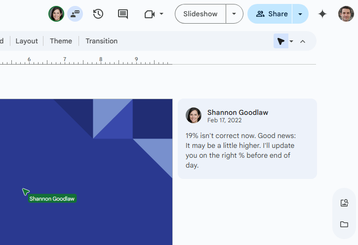 presentation with colored pointer for collaborator in google slides