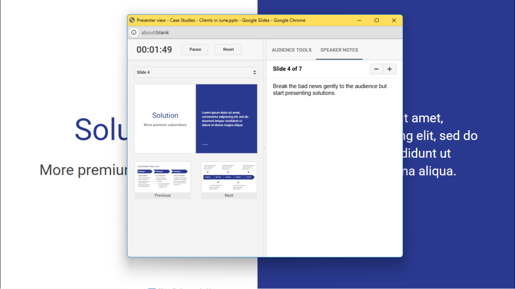 google slides presenter view window with speaker notes