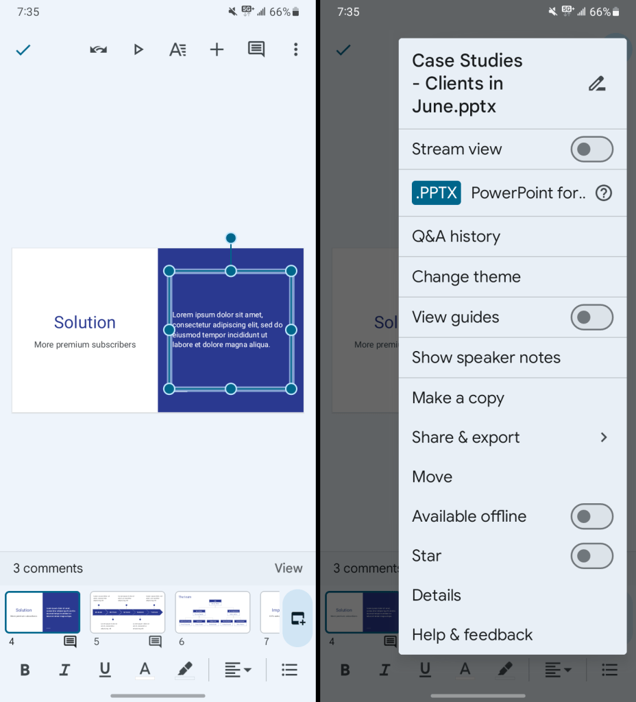two views of the google slides android app