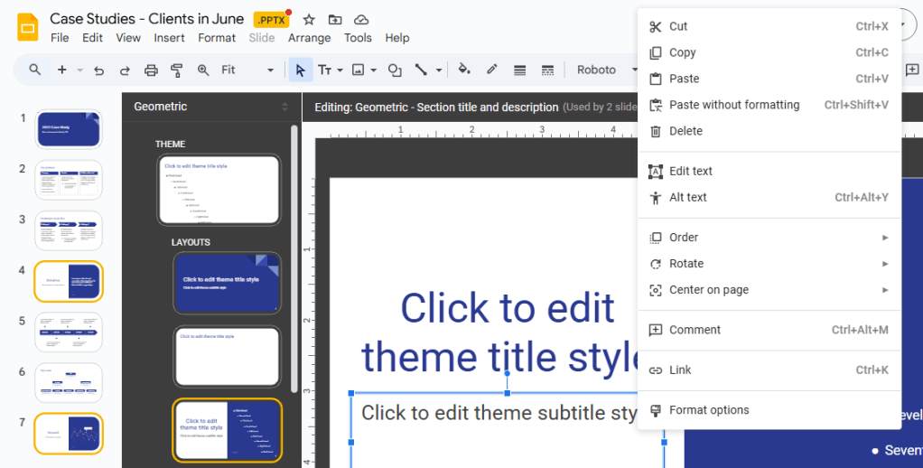 slide layout with editable fields