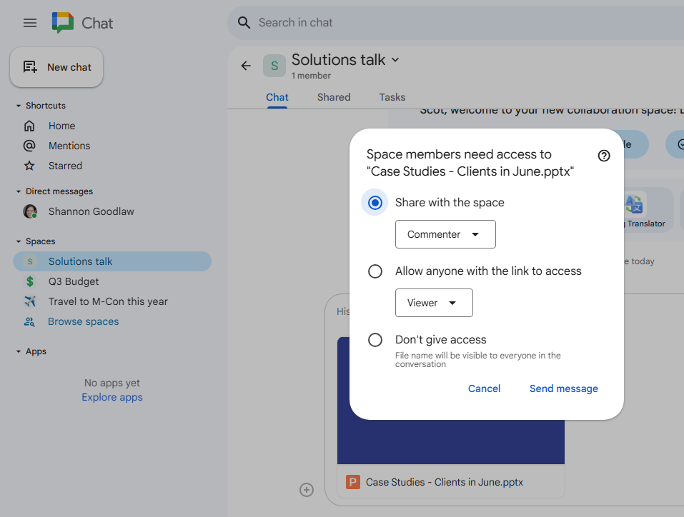 google chat screen with pop-up pane for sharing a presentation and setting access permissions