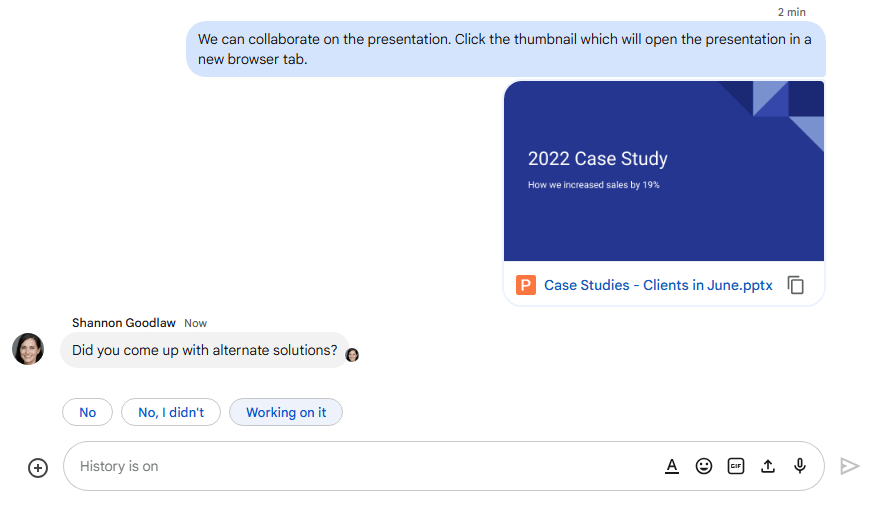 google chat conversation with shared presentation thumbnail