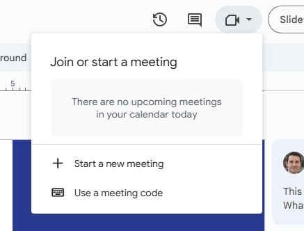 join or start a meeting pane dropping down from google meet icon