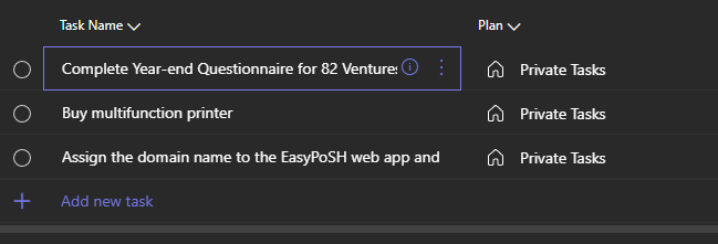task list in microsoft planner with add new task button below