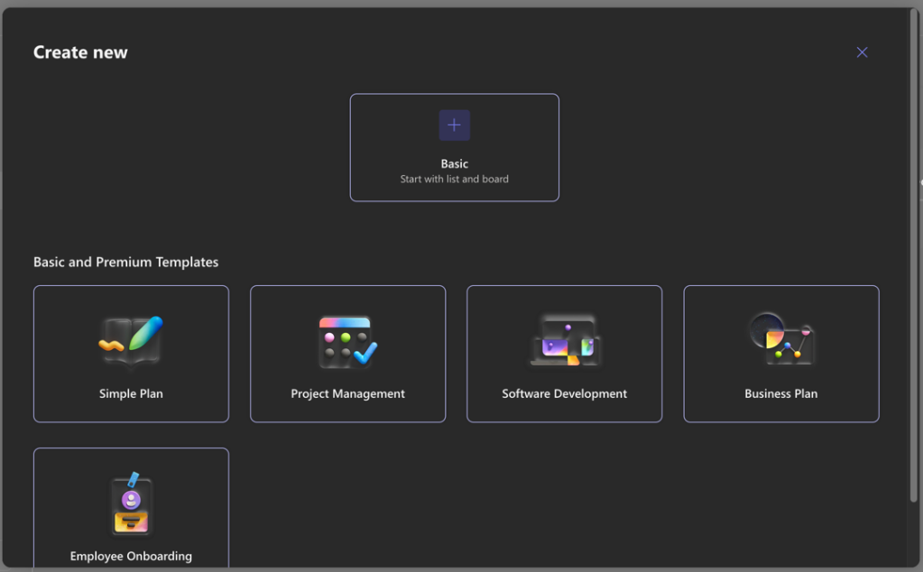 screen with plan templates in microsoft planner