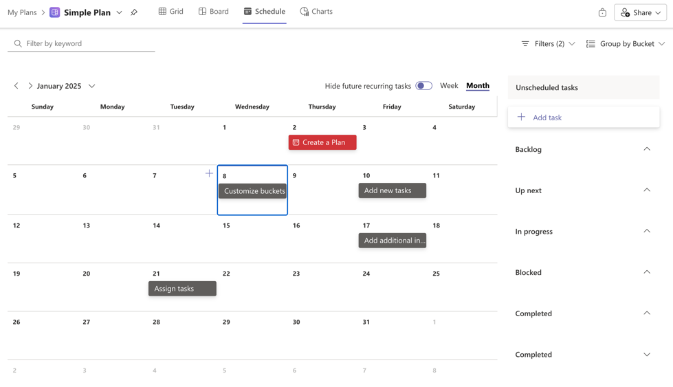 schedule view with calendar for a plan in microsoft planner