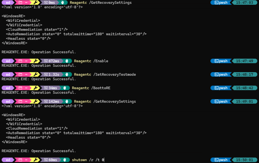 powershell windows with sequence of commands for testing qmr