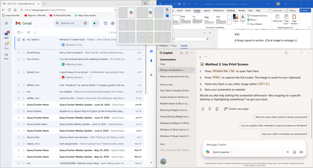 two app windows side by side with snap layout options panel over them