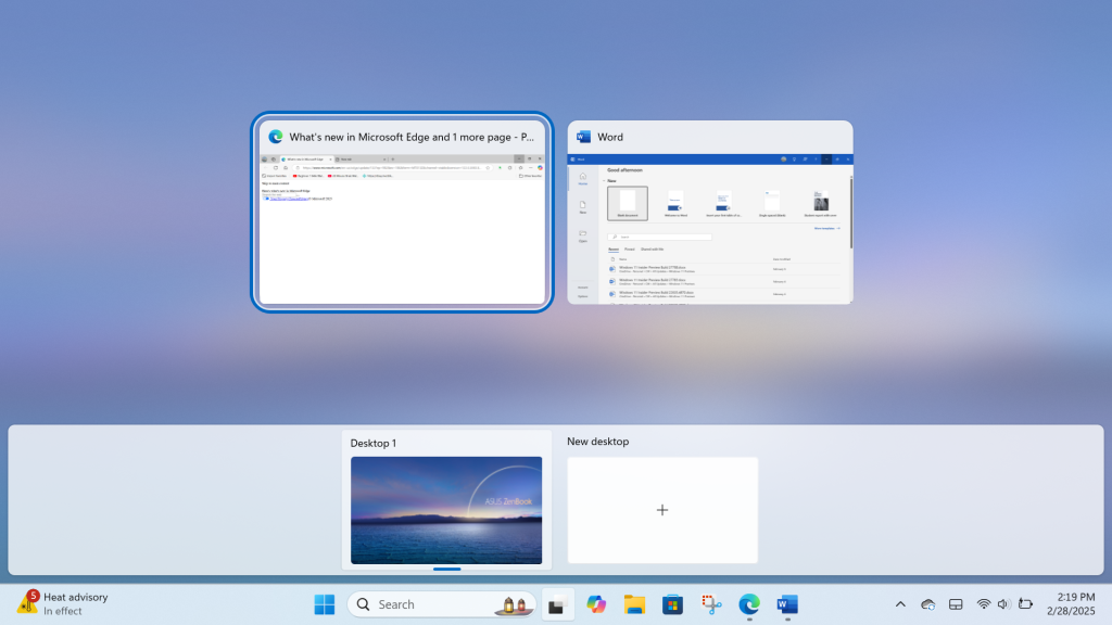 windows 11 task view screen showing open apps above and virtual desktops below