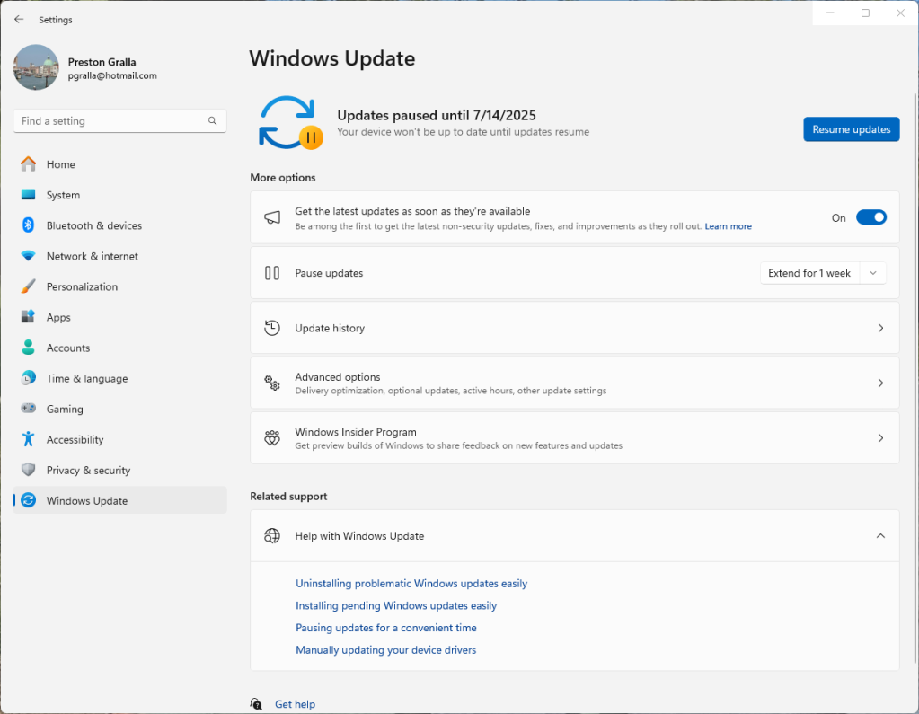 windows update screen showing updates paused