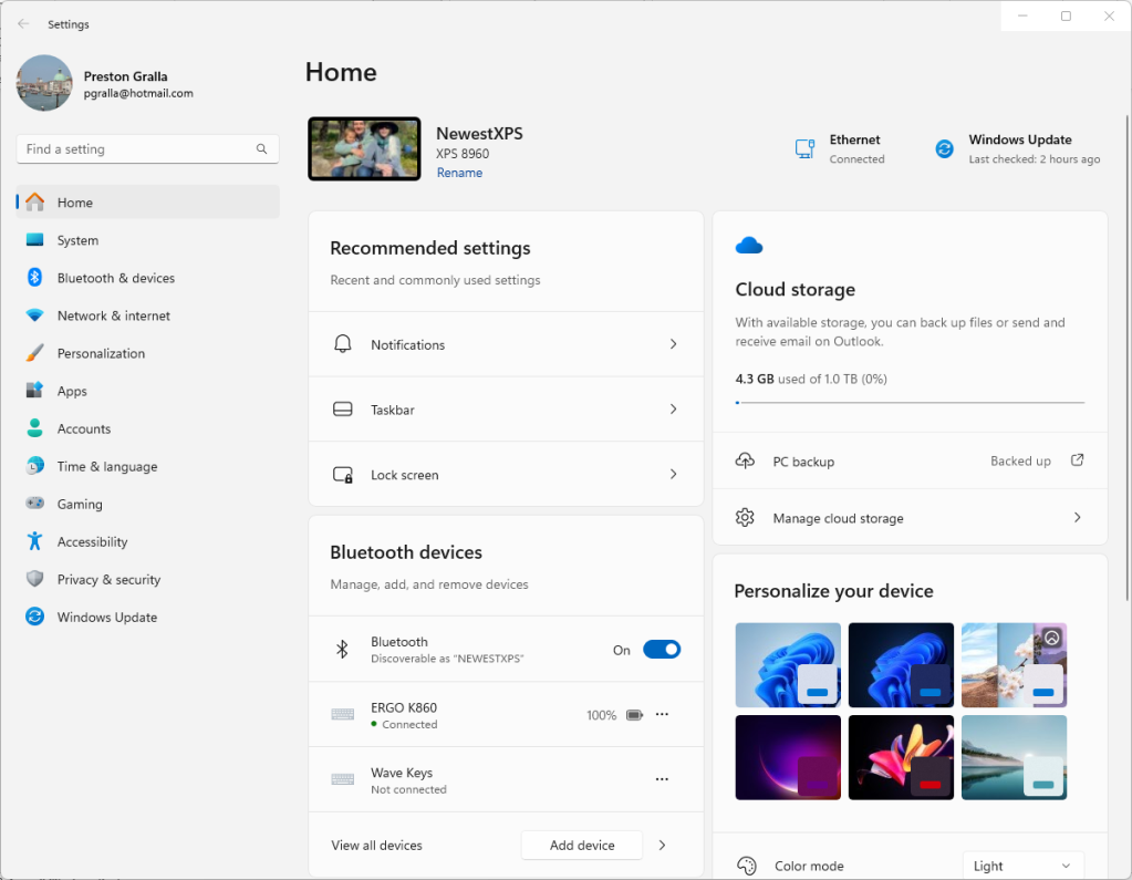 home screen of settings app in windows 11