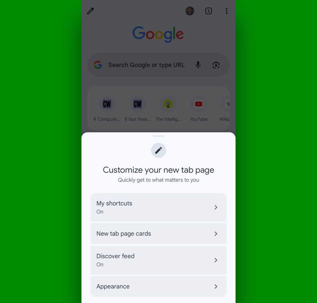 Chrome Android browser: Customize new tab page