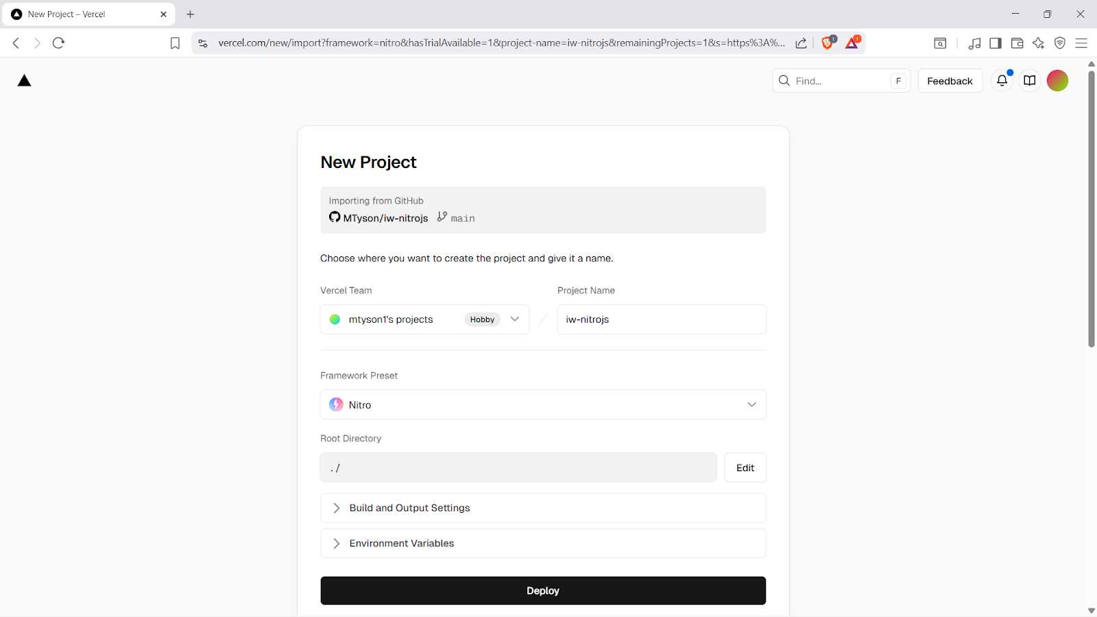 Adding the Nitro project to Vercel,