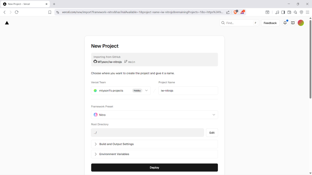Adding the Nitro project to Vercel,