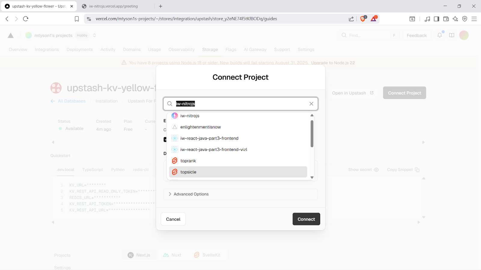 Selecting the Nitro project from a dropdown list.