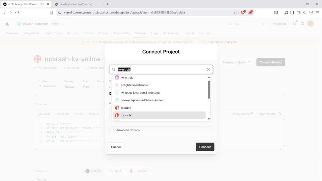 Selecting the Nitro project from a dropdown list.