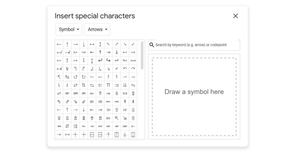 google docs bullet point options in special characters panel