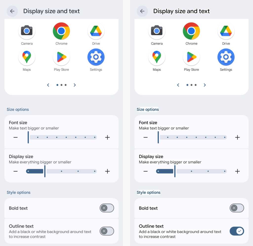 tamaño de visualización y pantalla de texto en un teléfono Pixel con opción de texto de esquema