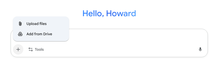 gemini chat window with menu showing upload files and add from drive options