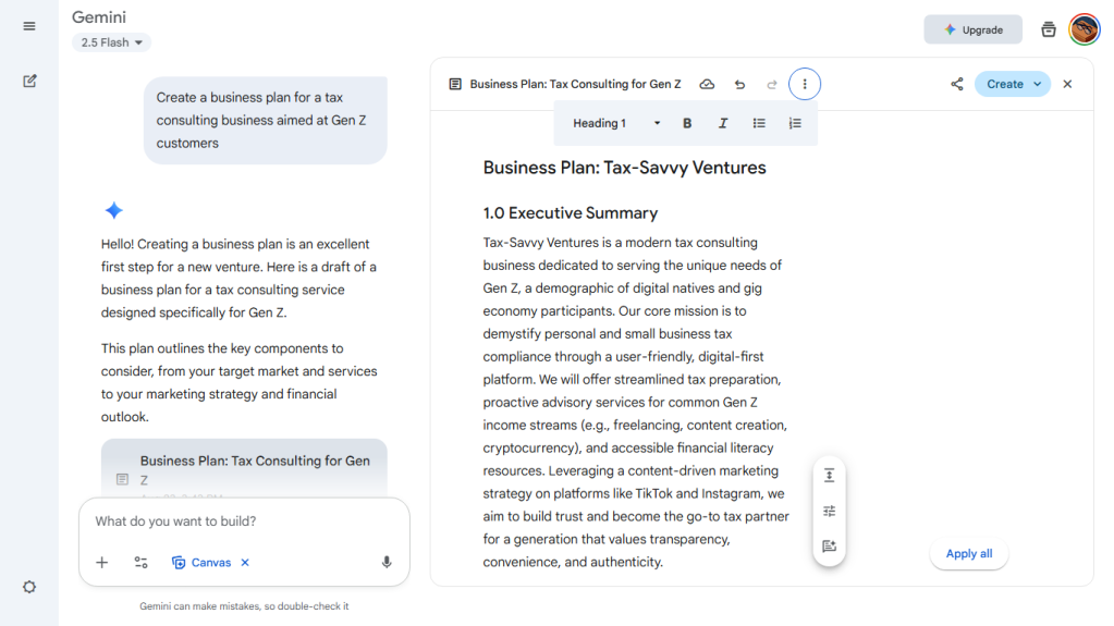 gemini app with chat on left and generated document on right