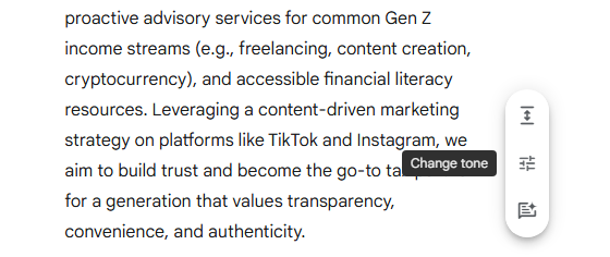 gemini app with generated document and mini toolbar for adjustments on right