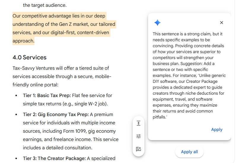 highlighted text with gemini suggestion for improvement on a card to the right