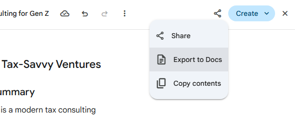 share menu with export to docs selected