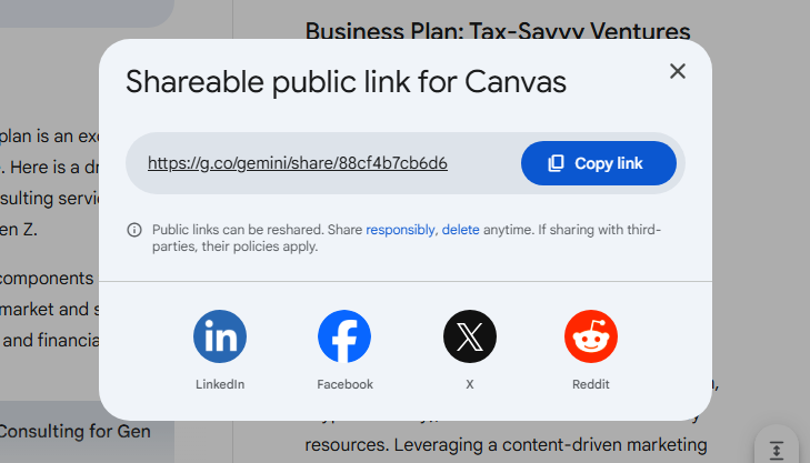 pop up screen with public link to canvas document