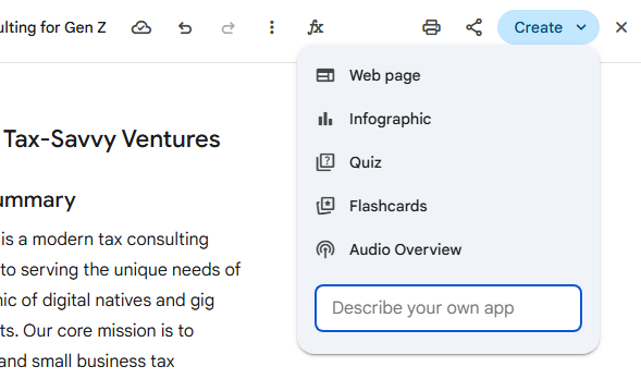 create menu in gemini web app with types of materials to create from canvas doc