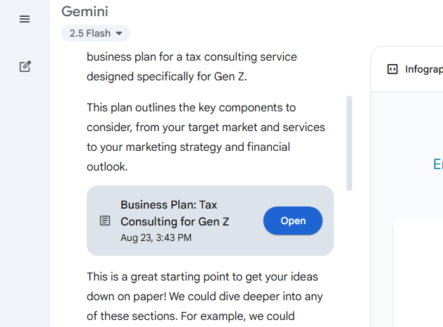 gemini chat with a card for a generated canvas document