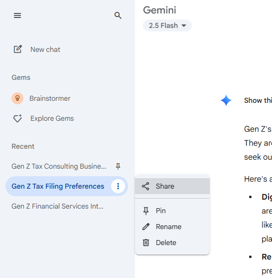 chat selected in gemini app sidebar with management options menu